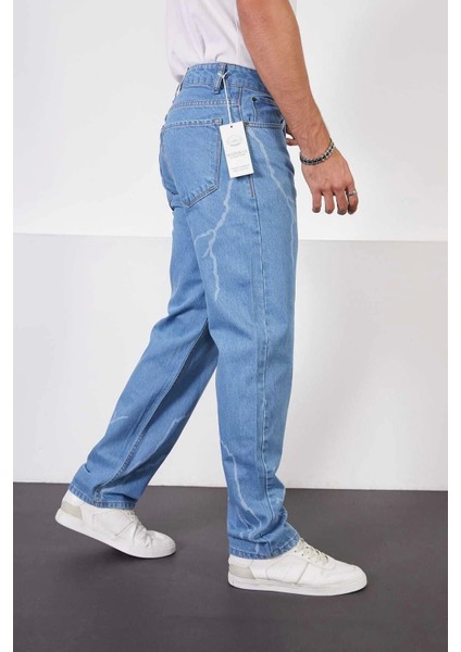 Buz Mavi Baggy Pantolon Şimşek-Yıldırım Desenli Lazer Baskı Oversize Baggy Kot Pantolon Normal Bel