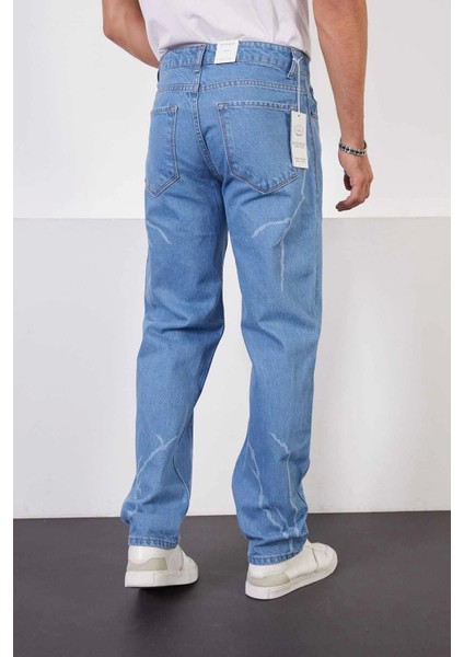 Buz Mavi Baggy Pantolon Şimşek-Yıldırım Desenli Lazer Baskı Oversize Baggy Kot Pantolon Normal Bel