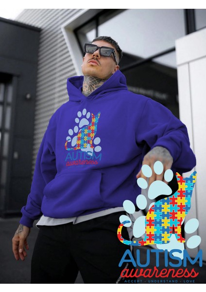 Kadın, Erkek Sweatshirt Oversize Pet In Puzzles Baskılı Kalın Mor Sevgili Sweatshirt