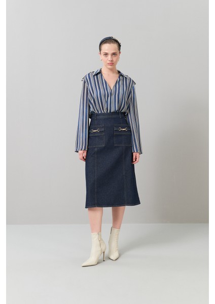 Aksesuar Detaylı Denim Midi Boy Etek Lacivert K2515018_015