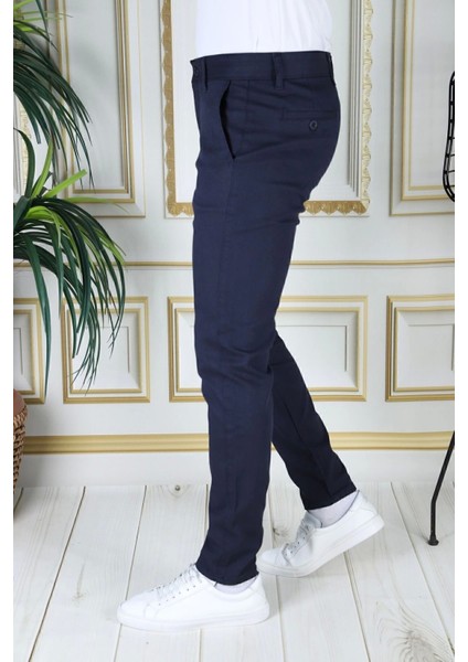 Erkek Lacivert Slim Fit Likralı Yan Cepli Armürlü Ekose Dar Kesim Esnek Şık Chino Kanvas Pantolon