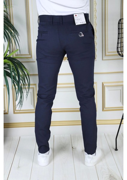 Erkek Lacivert Slim Fit Likralı Yan Cepli Armürlü Ekose Dar Kesim Esnek Şık Chino Kanvas Pantolon