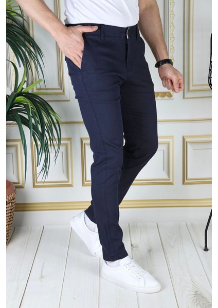 Erkek Lacivert Slim Fit Likralı Yan Cepli Armürlü Ekose Dar Kesim Esnek Şık Chino Kanvas Pantolon