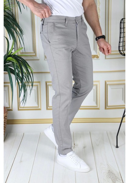 Erkek Gri Slim Fit Likralı Yan Cepli Armürlü Dar Kesim Esnek Şık Chino Kanvas Keten Pantolon