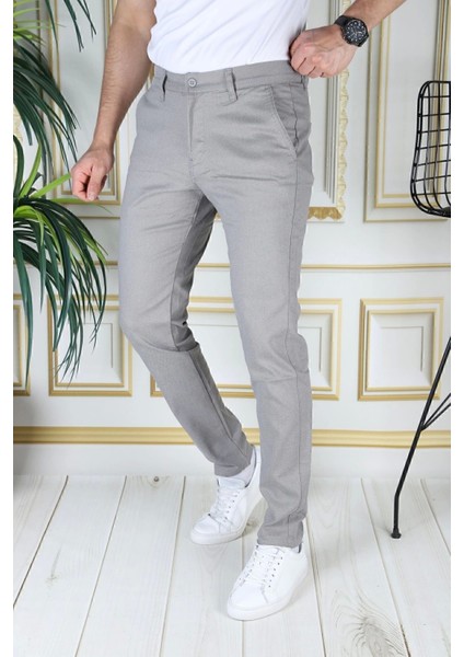 Erkek Gri Slim Fit Likralı Yan Cepli Armürlü Dar Kesim Esnek Şık Chino Kanvas Keten Pantolon
