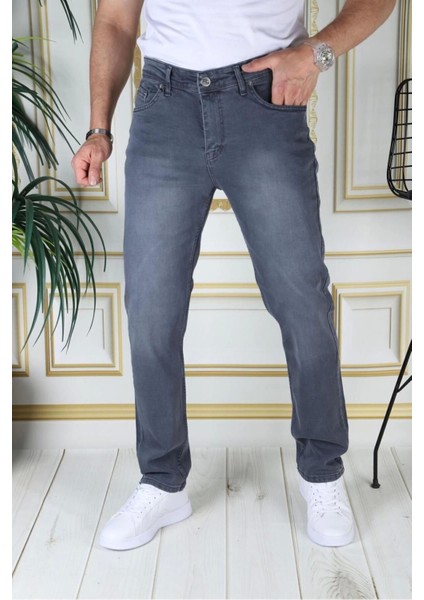 Erkek Gri Regular Fit Rahat Kesim Esnek Likralı Denim Jeans Şık Kot Pantolon