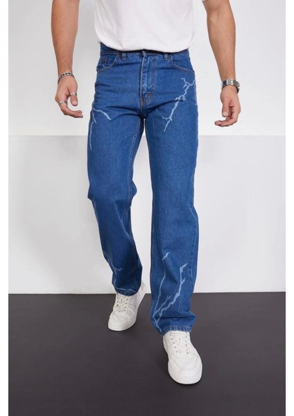 Şimşek-Yıldırım Mavi Desenli Baggy Kot Pantolon Oversize Jeans Lazer Baskılı Phantom Jeans By Macera