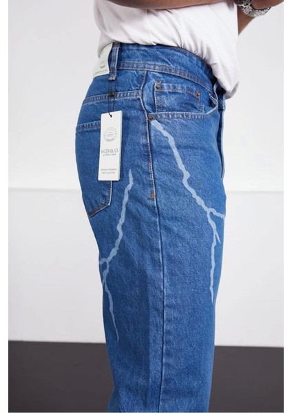 Şimşek-Yıldırım Mavi Desenli Baggy Kot Pantolon Oversize Jeans Lazer Baskılı Phantom Jeans By Macera fırsatları