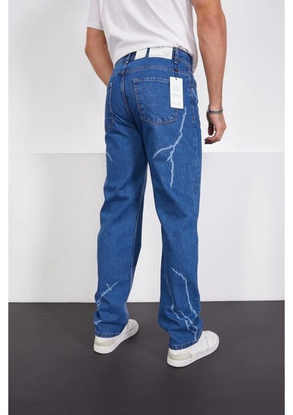 Şimşek-Yıldırım Mavi Desenli Baggy Kot Pantolon Oversize Jeans Lazer Baskılı Phantom Jeans By Macera indirimleri