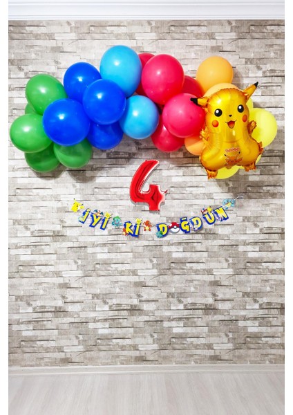 Pokemon Temalı Doğum Günü Parti Seti Yaş Balonlu Bannerlı Pokemon Doğum Günü Süsleme Seti