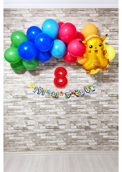 Pokemon Temalı Doğum Günü Parti Seti Yaş Balonlu Bannerlı Pokemon Doğum Günü Süsleme Seti