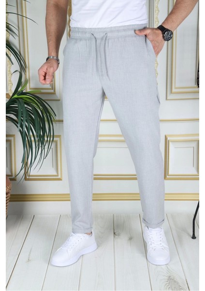 Erkek Italyan Kesim Açık Gri Esnek Slim Fit Likralı Lastikli Duble Paça Kumaş Pantolon Okul