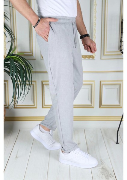 Erkek Italyan Kesim Açık Gri Esnek Slim Fit Likralı Lastikli Duble Paça Kumaş Pantolon Okul