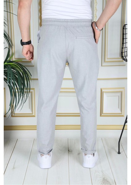 Erkek Italyan Kesim Açık Gri Esnek Slim Fit Likralı Lastikli Duble Paça Kumaş Pantolon Okul