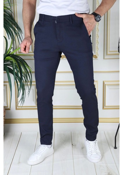Erkek Lacivert Slim Fit Likralı Yan Cepli Armürlü Ekose Dar Kesim Esnek Şık Chino Kanvas Pantolon