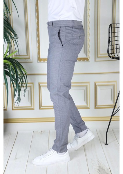 Erkek Mavi Slim Fit Likralı Yan Cepli Armürlü Ekose Dar Kesim Esnek Şık Chino Kanvas Pantolon fiyatları