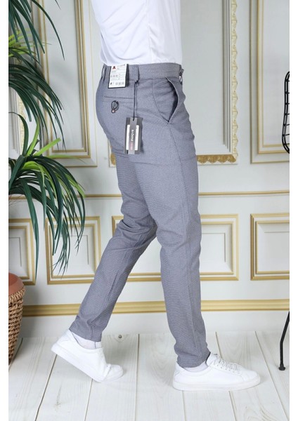Erkek Mavi Slim Fit Likralı Yan Cepli Armürlü Ekose Dar Kesim Esnek Şık Chino Kanvas Pantolon indirimleri