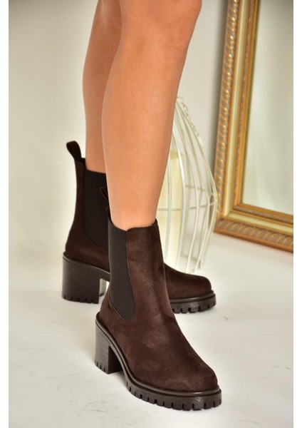 T726981602 Kahverengi Süet Lastikli Kalın Topuklu Kadın Bot fiyatları