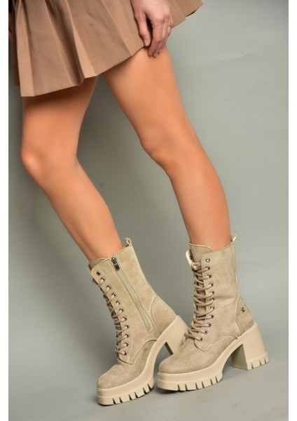 T973559002 Bej Süet Kalın Topuklu Kadın Postal Bot fırsatları