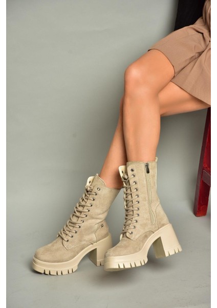 T973559002 Bej Süet Kalın Topuklu Kadın Postal Bot fiyatları