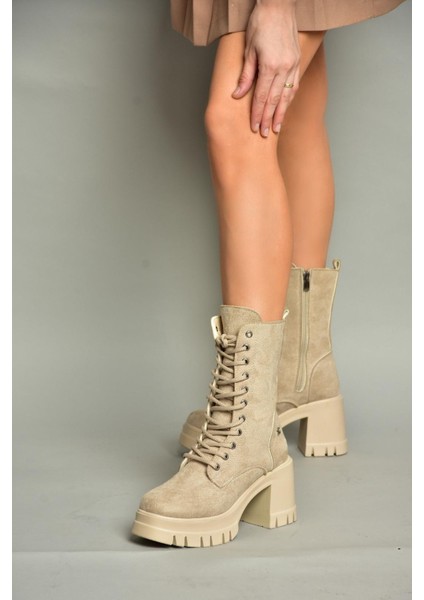 T973559002 Bej Süet Kalın Topuklu Kadın Postal Bot indirimleri