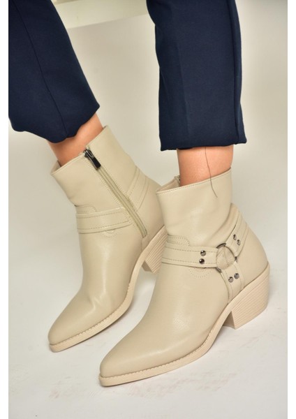 T404400609 Bej Kalın Topuklu Kadın Bot