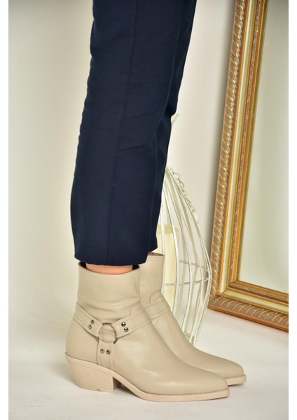 T404400609 Bej Kalın Topuklu Kadın Bot fırsatları