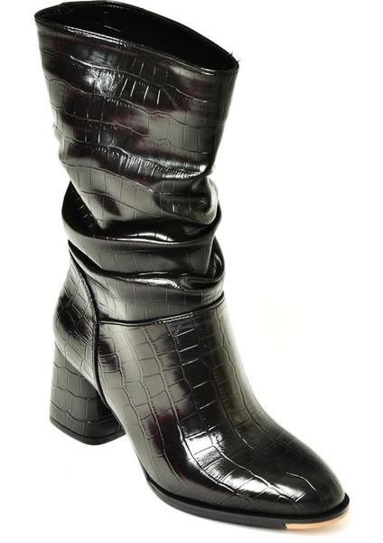 T848243011 Siyah Kroko Baskı Kalın Topuklu Kadın Bot fiyatları