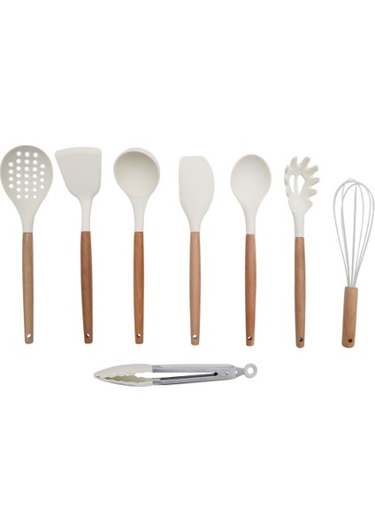 Senin Dükkanın Beyaz Çizmez Silikon Bambu Spatula, Kevgir, Kepçe, Makarna Ve Salata Kaşığı, Maşa 8'Li Set