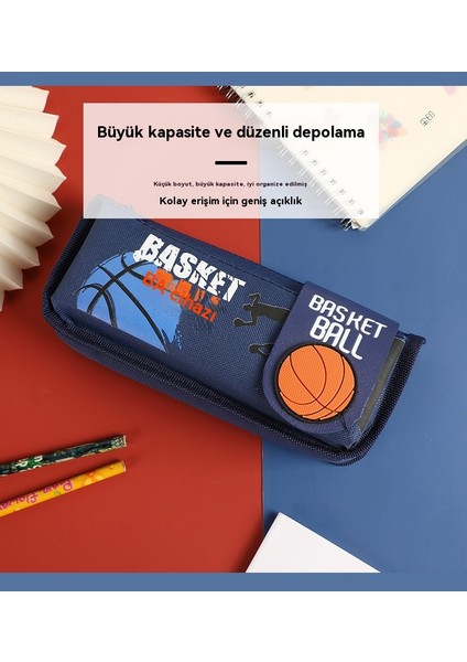 Karikatür Basketbol Çift Katmanlı Çevirme Büyük Kapasiteli Kanvas Kalem Çantası (Yurt Dışından)