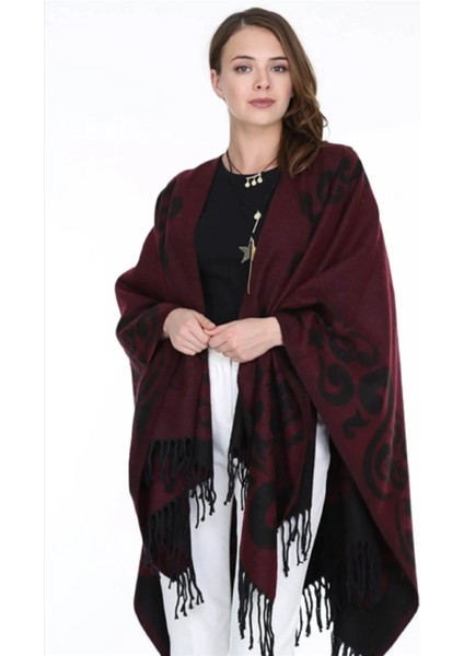 Kadın Çift Taraflı Desenli Panço Omuz Şal