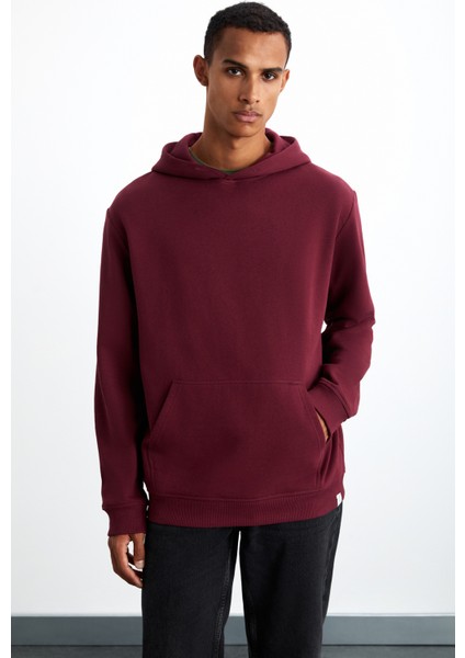 CARTMEL Erkek Örme 3 İplik Relaxed Fit Rahat Kalıp Kanguru Cepli Kapüşonlu Bordo Sweatshirt