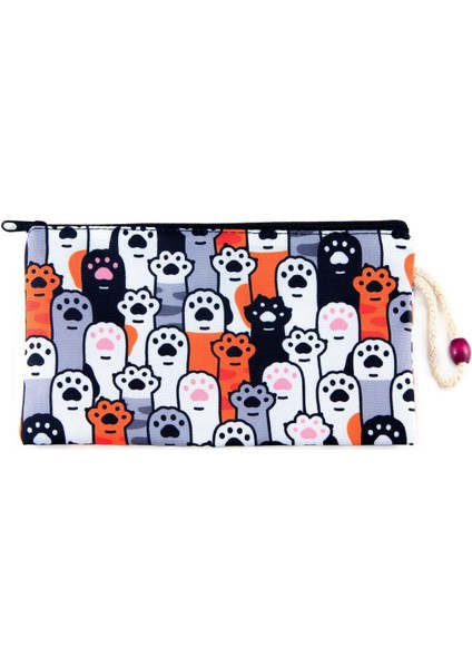 Çok Renkli Kedi Köpek Patisi Desenli Kalemlik Fermuarlı Makyaj Çantası Büyük Boy 14 cm x 23 cm