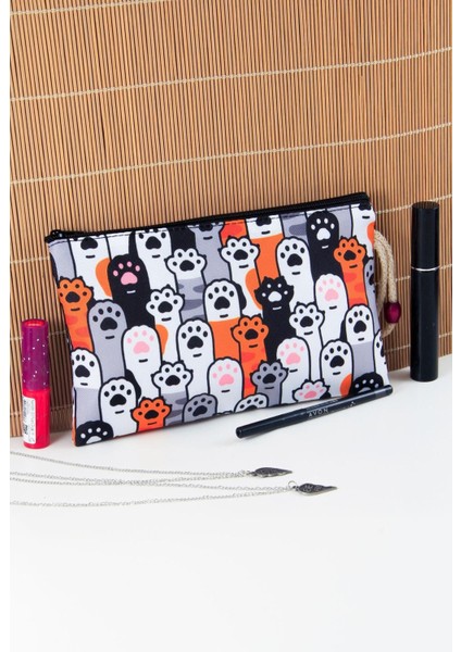 Çok Renkli Kedi Köpek Patisi Desenli Kalemlik Fermuarlı Makyaj Çantası Büyük Boy 14 cm x 23 cm modelleri