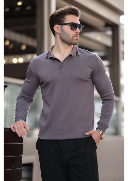 Gri Polo Yaka Düğmeli Uzun Kollu Kazak 7269