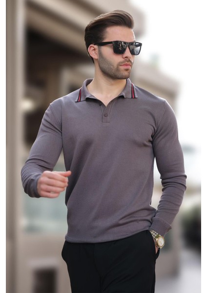 Gri Polo Yaka Düğmeli Uzun Kollu Kazak 7269 fiyatları