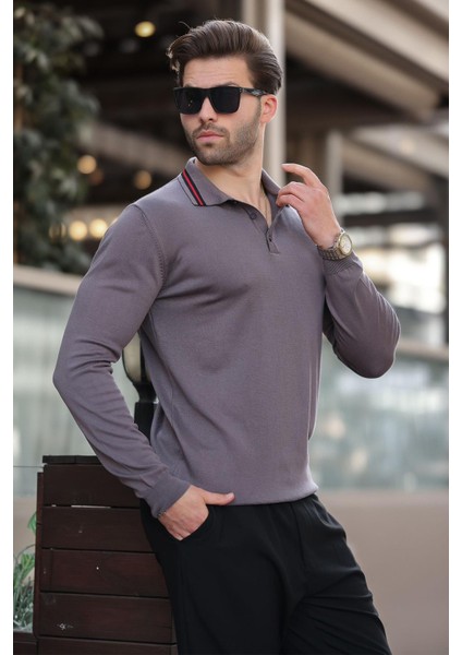 Gri Polo Yaka Düğmeli Uzun Kollu Kazak 7269 modelleri