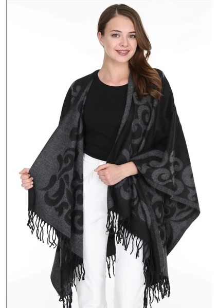 Kadın Çift Taraflı Desenli Panço Omuz Şal