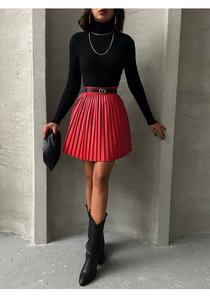 Pileli Suni Deri Mini Etek fırsatları