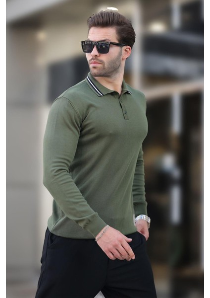 Haki Polo Yaka Düğmeli Uzun Kollu Kazak 7269