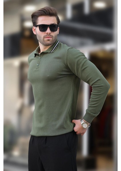 Haki Polo Yaka Düğmeli Uzun Kollu Kazak 7269 fiyatları