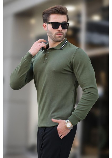Haki Polo Yaka Düğmeli Uzun Kollu Kazak 7269 modelleri