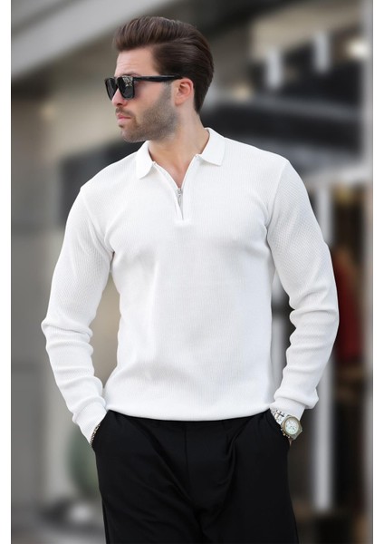 Beyaz Polo Yaka Fermuarlı Uzun Kollu Erkek Kazak 7240