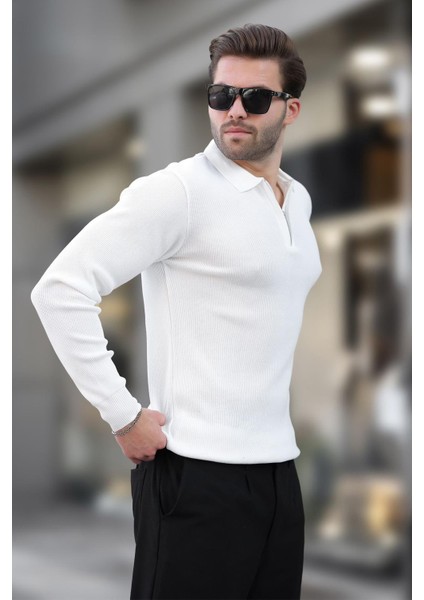 Beyaz Polo Yaka Fermuarlı Uzun Kollu Erkek Kazak 7240 fiyatları