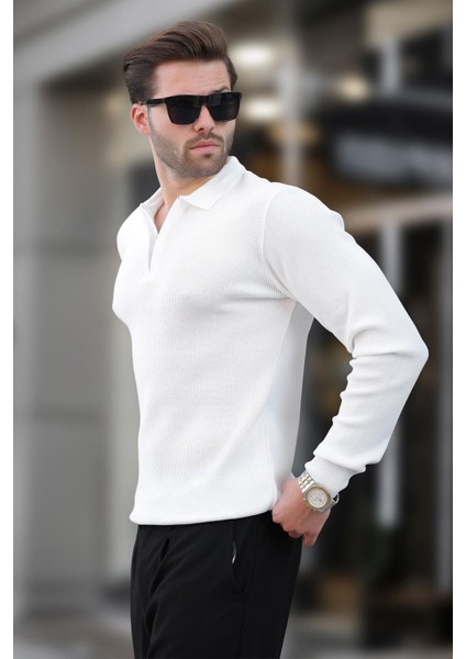 Beyaz Polo Yaka Fermuarlı Uzun Kollu Erkek Kazak 7240 modelleri