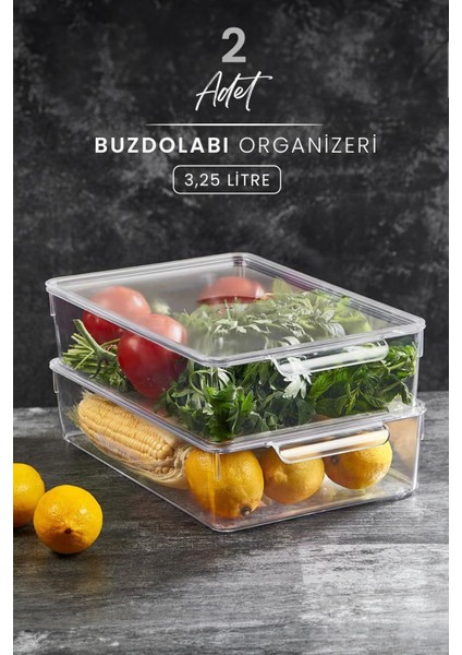 2'li Hava Almaz Kapaklı Buzdolabı Içi Düzenleyici 3,25 Lt - Sebze Meyve Saklama Kabı Organizeri