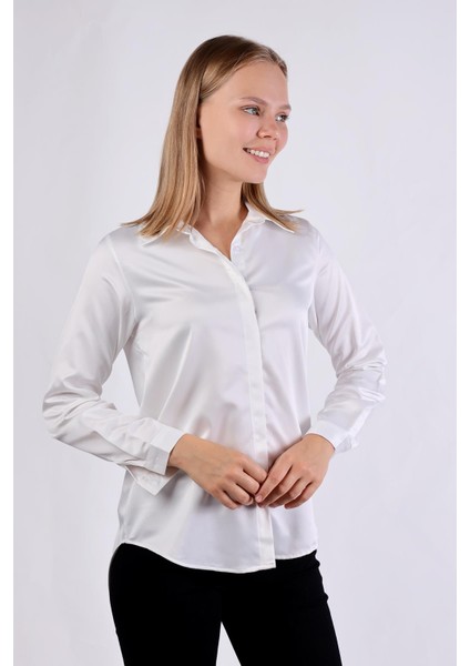 4057A Gizli Düğme Detay Gömlek Beyaz