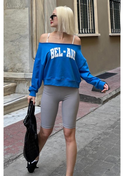 Saks Kayık Yaka Baskılı Kadın Sweatshirt MG2205