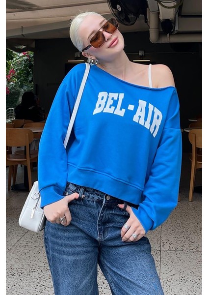 Saks Kayık Yaka Baskılı Kadın Sweatshirt MG2205