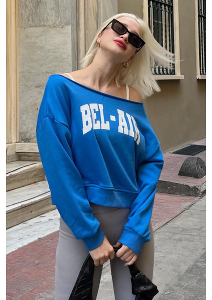 Saks Kayık Yaka Baskılı Kadın Sweatshirt MG2205